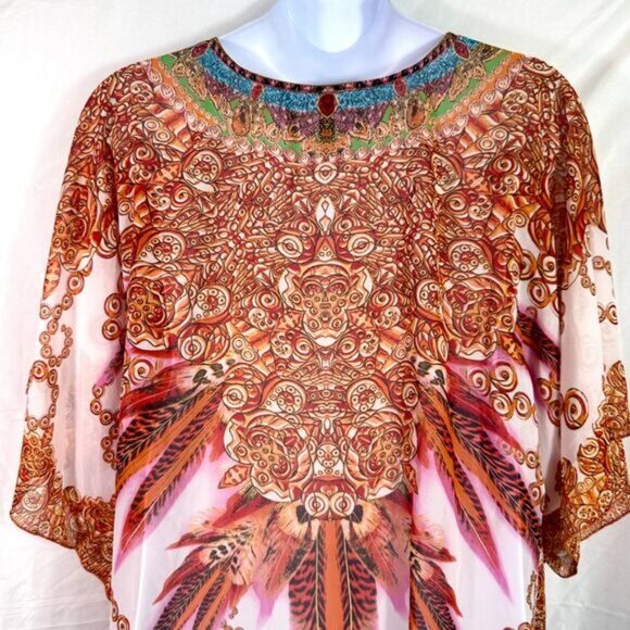 White Mark Sheer Colorful Tribal Print Lace up Swim Cover-up Kaftan One Size - Picture 6 of 8